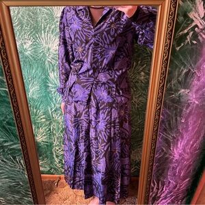 Purple Floral Long Sleeve 2 piece Blouse + Skirt